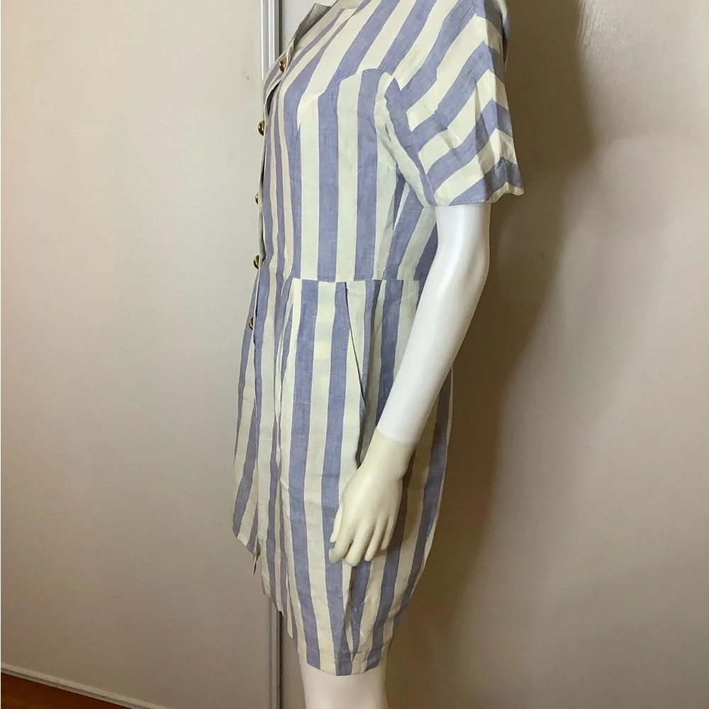 Elegant Linen Chunky Gold Button Blue and White Striped Midi Dress VTG - Picture 12 of 13